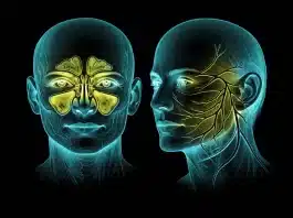 Sinüzit ve yüz felci hakkında doğru bilinen yanlışlar İnsan yüz anatomisi üzerinde sinüs boşluklarının konumunu ve fasiyal sinir yollarını gösteren tıbbi şema illüstrasyonu.