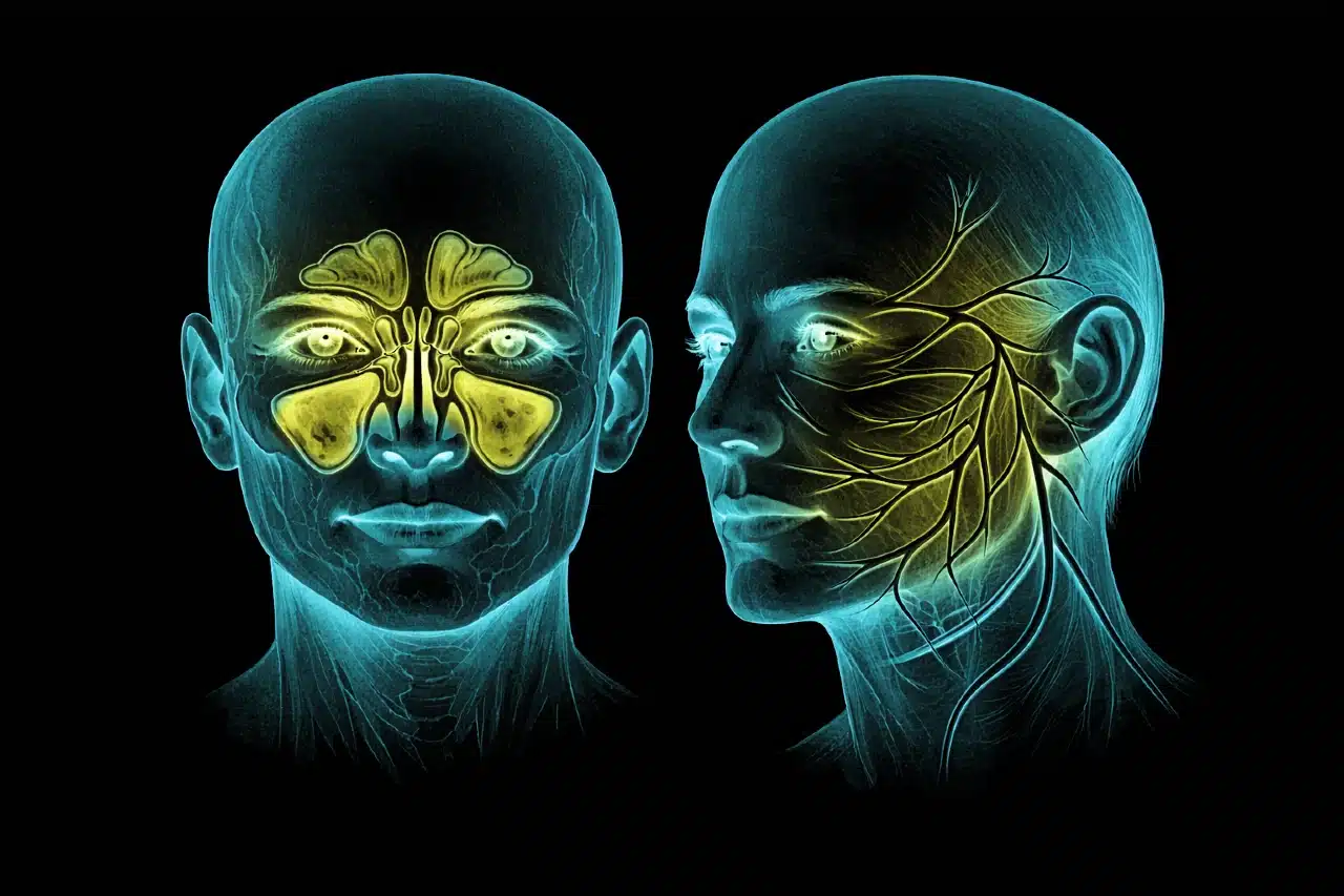 İnsan yüz anatomisi üzerinde sinüs boşluklarının konumunu ve fasiyal sinir yollarını gösteren tıbbi şema illüstrasyonu.