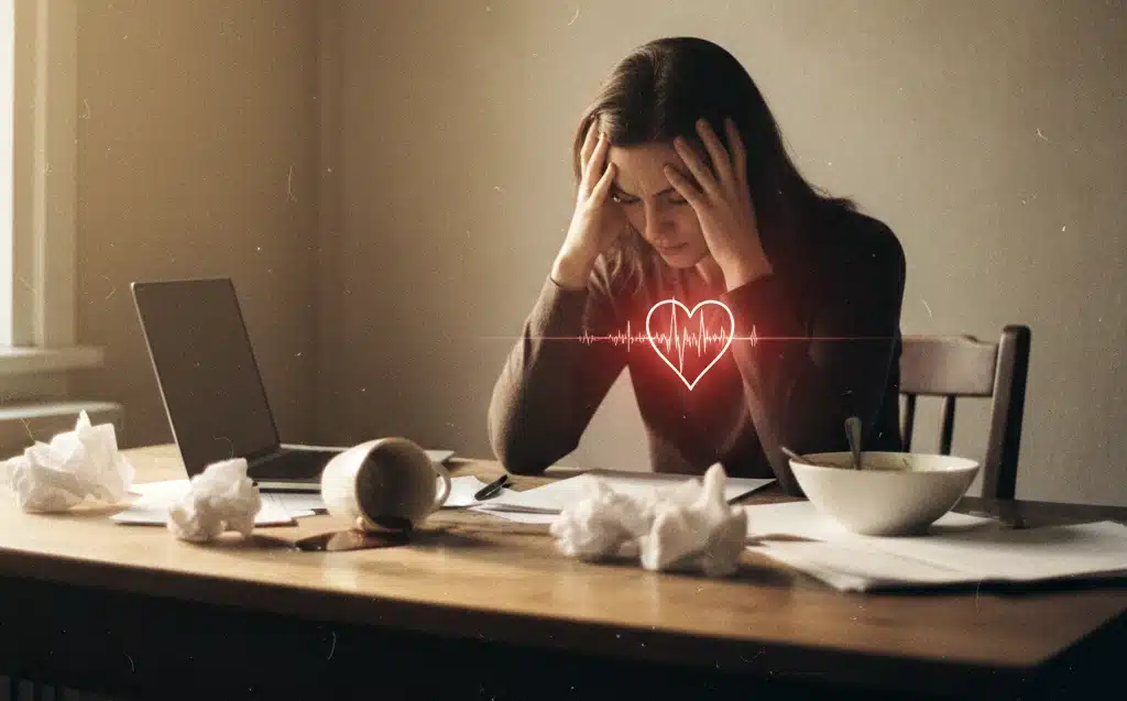 Kronik stresin kalp üzerindeki etkilerini ve damar sağlığını temsil eden kardiyovasküler sistem analizi görseli.