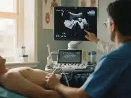 Testis kanseri teşhisi için kullanılan modern radyolojik görüntüleme yöntemi olan ultrason cihazı ve muayene süreci.