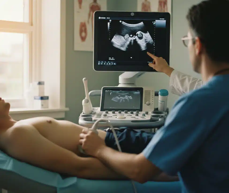 Testis kanseri teşhisi için kullanılan modern radyolojik görüntüleme yöntemi olan ultrason cihazı ve muayene süreci.