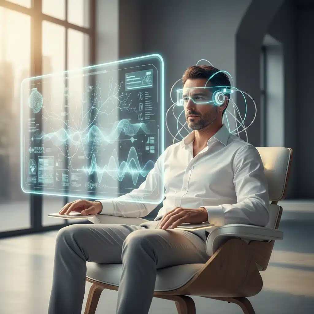 Başında EEG sensörleri ile beyin parlatma seansı uygulanan bir kişinin profilden görünümü