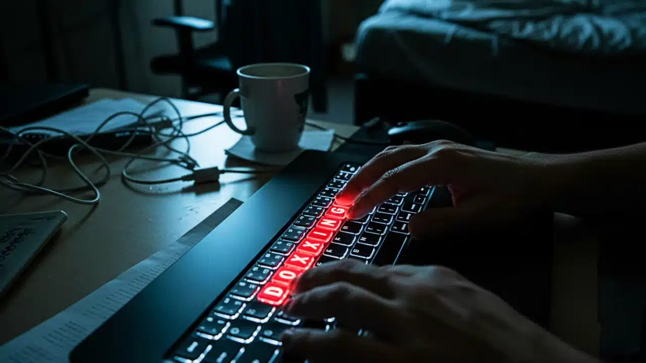 Gençlerin sosyal medya üzerinden kişisel verilerinin doxxing ile ifşa edilmesini temsil eden görsel