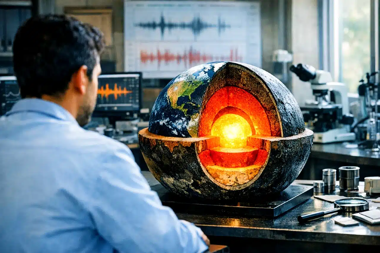 Dünya’nın çekirdeği içindeki yüksek basınç altında hidrojen etkileşimini gösteren yapı