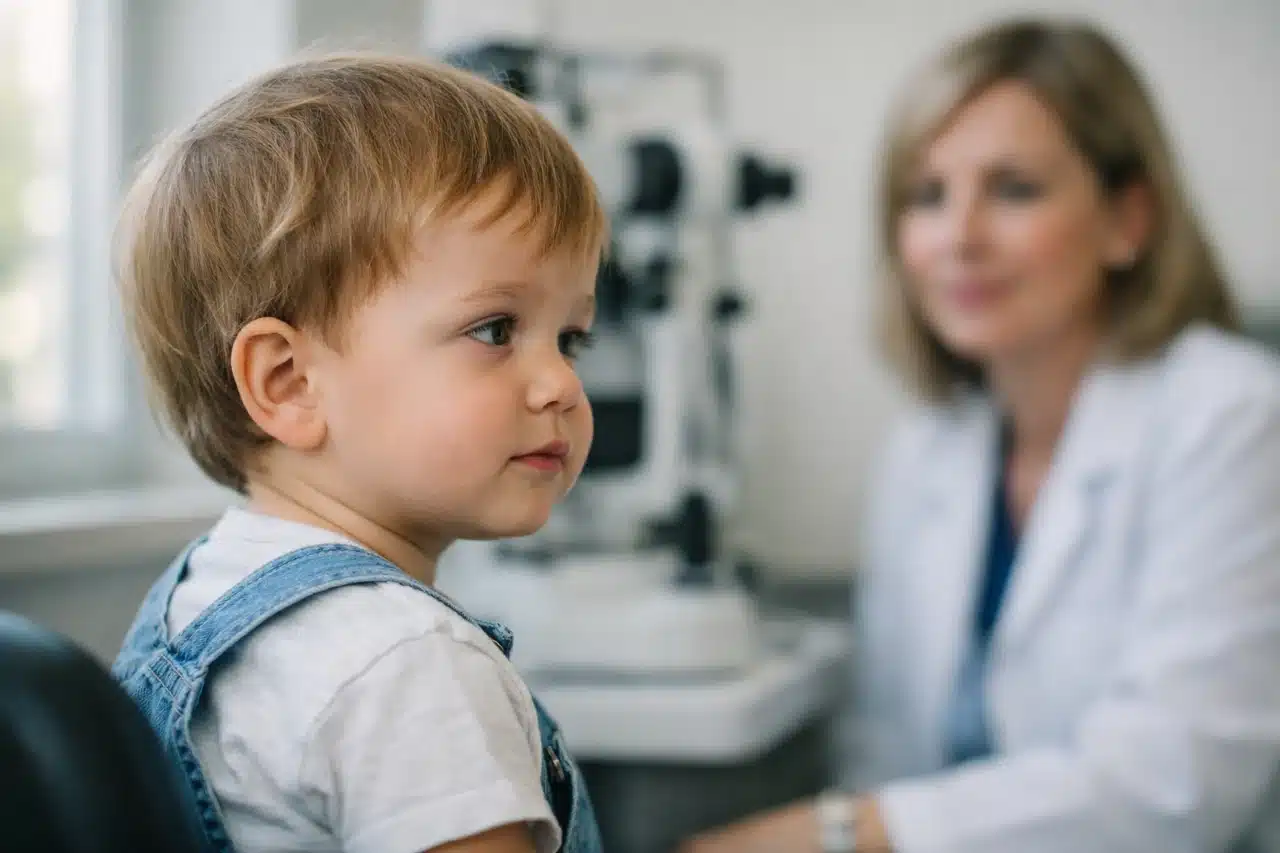 İçe doğru göz kayması muayenesi yapan doktor ve çocuk hasta