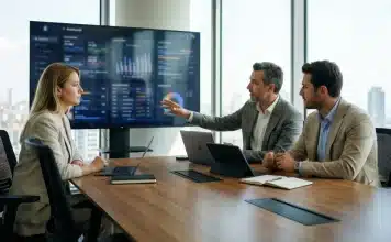 2026’da KOBİ’ler için yeni büyüme reçetesi: Dijitalleşme yol haritası ofiste strateji toplantısı yapan ve dijitalleşme yol haritası üzerinde çalışan iş insanları