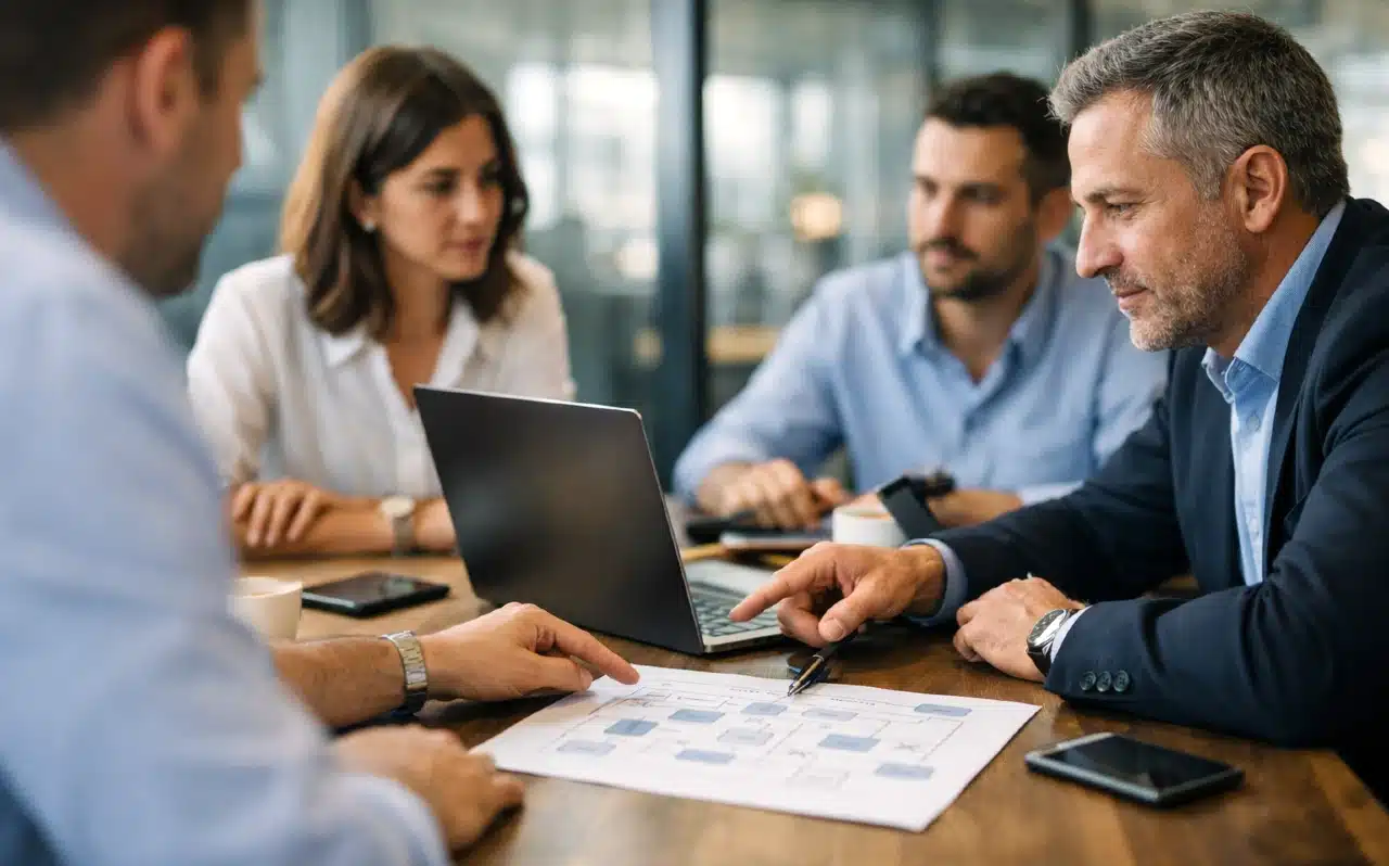 ofiste strateji toplantısı yapan ve dijitalleşme yol haritası üzerinde çalışan iş insanları