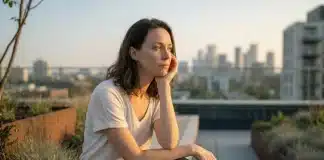 Zihinsel yorgunluk ve bedensel sinyaller: Düşünceler neden durmaz? Zihinsel yorgunluk yaşayan ve düşünen kadın