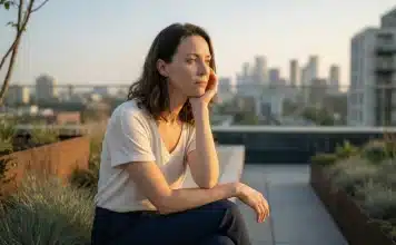 Zihinsel yorgunluk ve bedensel sinyaller: Düşünceler neden durmaz? Zihinsel yorgunluk yaşayan ve düşünen kadın