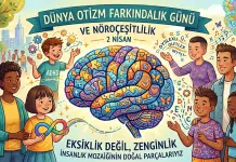 Farklı Zihinler, Daha Zengin Bir Dünya dünya otizm farkındalık günü vurgusu yapan renkli beyin illüstrasyonu