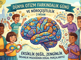 dünya otizm farkındalık günü vurgusu yapan renkli beyin illüstrasyonu