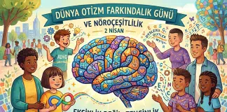 Farklı Zihinler, Daha Zengin Bir Dünya dünya otizm farkındalık günü vurgusu yapan renkli beyin illüstrasyonu
