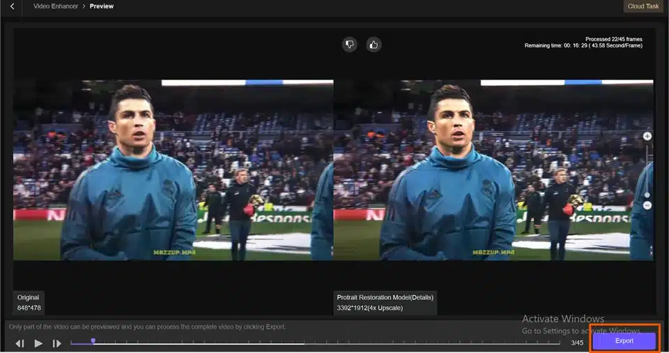 Çözünürlüğü yükseltilmiş 4K futbol özet videosunu bilgisayara kaydetme aşaması.
