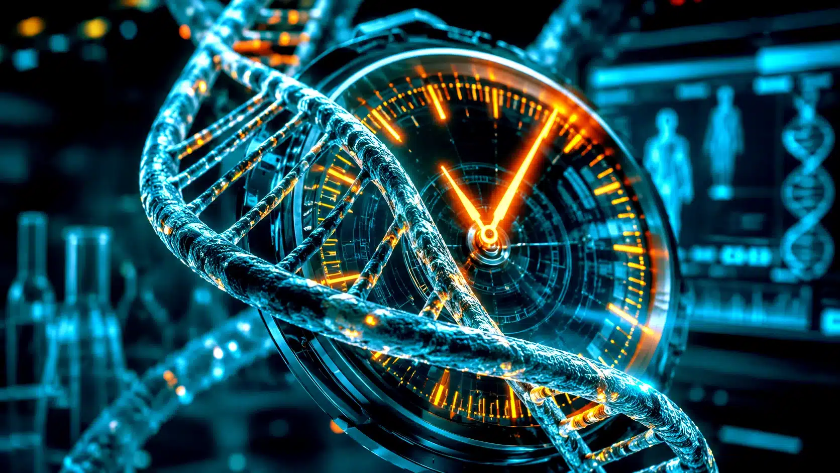 Biyolojik yaş testi mekanizmasını ve DNA metilasyon sürecini gösteren laboratuvar konsepti.