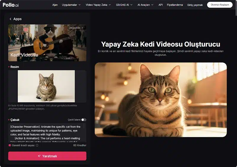 Pollo AI'ın Yapay Zeka Kedi Videosu Oluşturucu özelliği