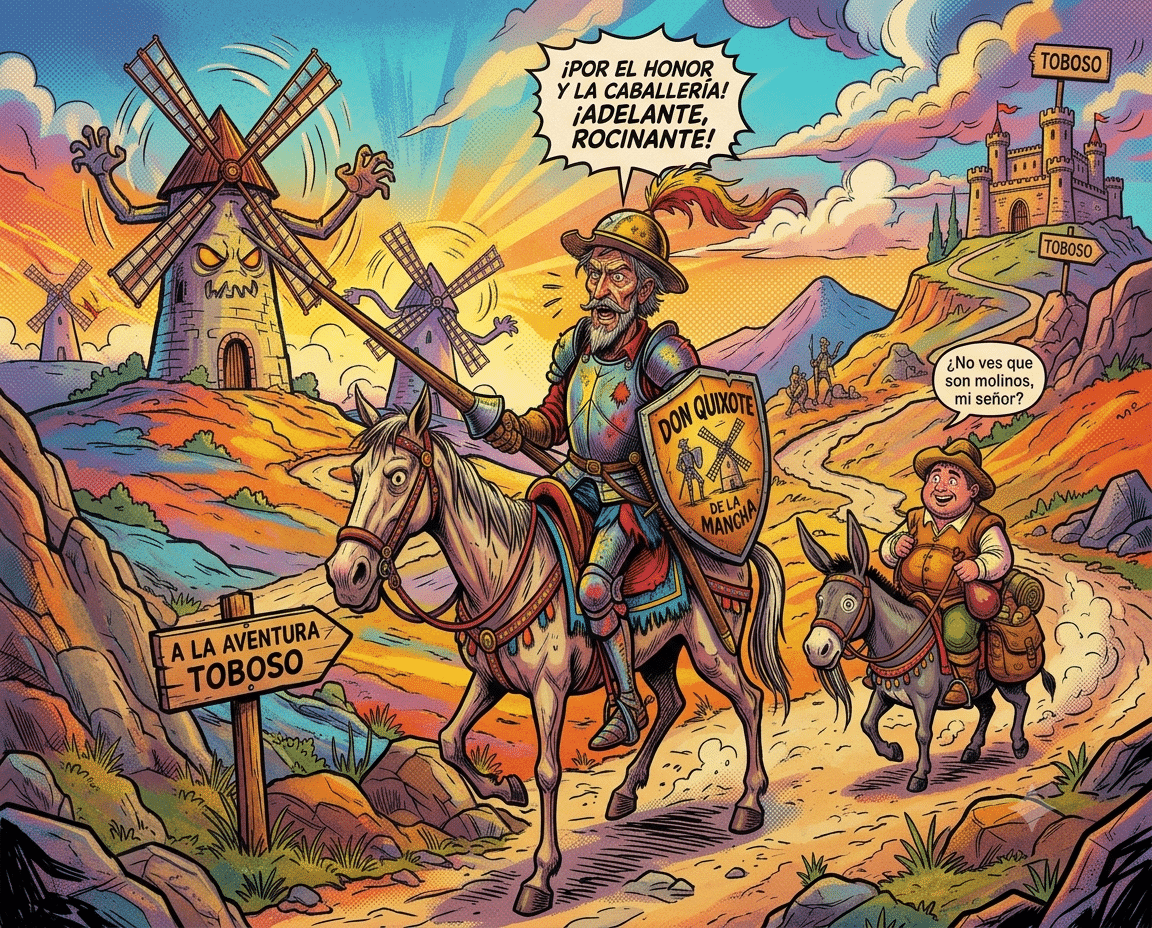 Don Quijote romanının edebiyat tarihindeki yeri ve yitip giden erdemleri arayan bir idealistin ölümsüz öyküsü.