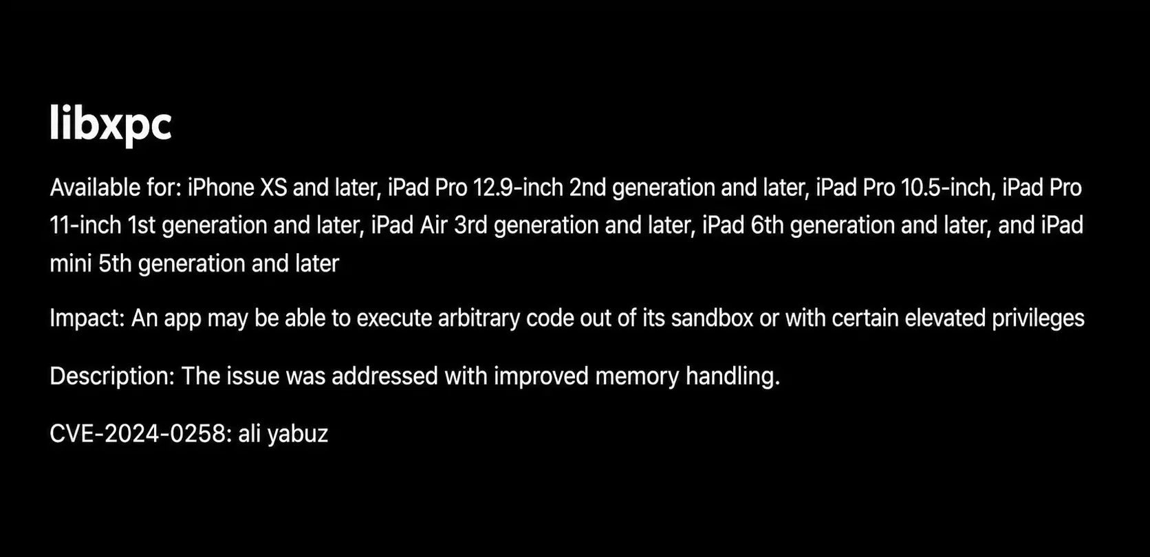 CVE-2024-0258 Ali Yabuz Apple güvenlik açığı tescili.