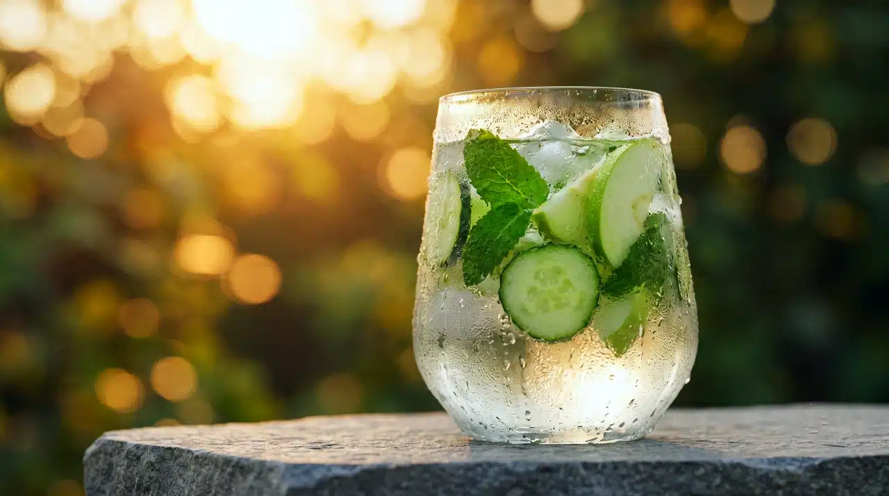 Sağlıklı yaz içecekleri sunan buzlu ve taze naneli limonata bardağı konsepti.