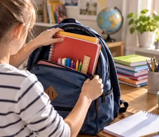Okula dönüş hazırlığı için çalışma masasında planlama yapan öğrenci