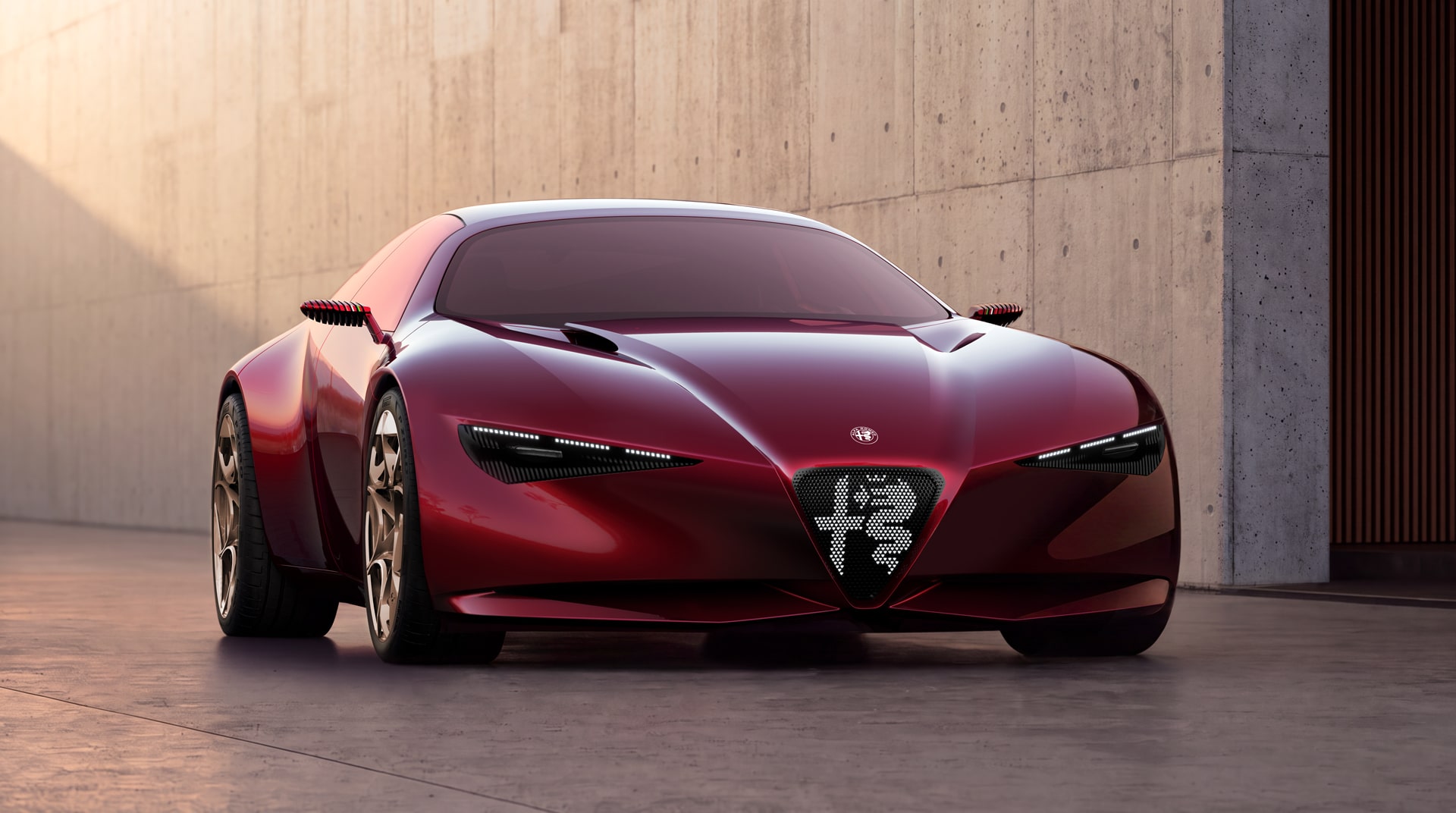 Alfa Romeo Cuorerosso konsept otomobilinin ön görünümü ve Scudetto ızgarası