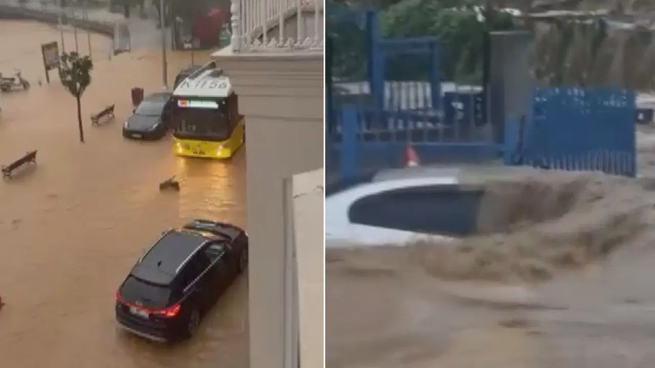 İstanbul'da sel nedeniyle su basan yolda ilerlemeye çalışan araçlar
